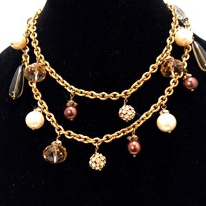 Pearl, Crystal, Rhinestone Balls,& Teardrops Gold Tone Neckless